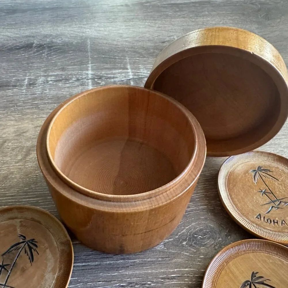 Set of 8 Vintage Wooden Carved Coasters with Container Holder.